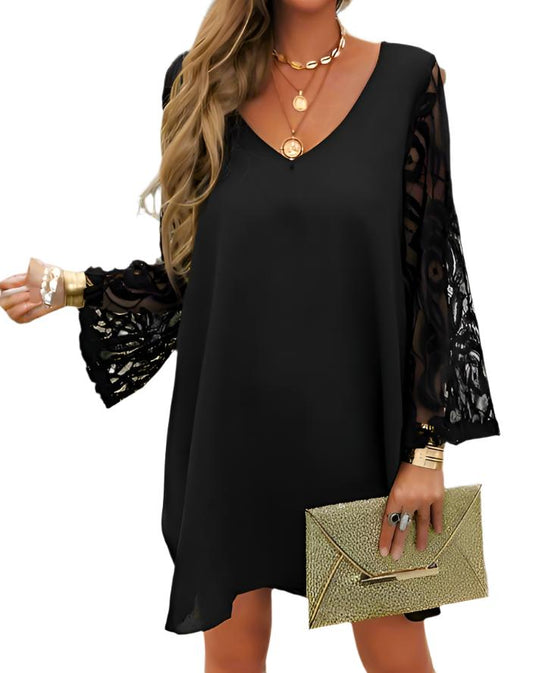 Sleeve V Neck Sandy Fabric Dress, Black< Front 